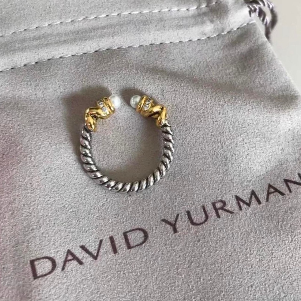 David Yurman Silver Cable Open Ring with Gold Accents and Pearl Tips
